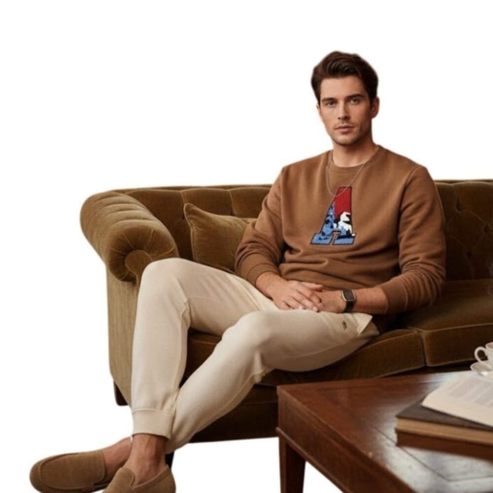 “A” Stitched Patch Mens XL Crewneck Brown Sweatshirt Graphic Casual Loungewear